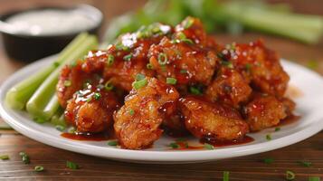 Crispy Chicken Wings With Spicy Sauce And Celery Sticks On White Plate photo