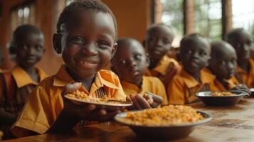Smiling Young Student Eating Meal With Friends at School in Uganda photo