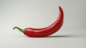 Vibrant Red Chili Pepper Isolated on White Background Displaying Its Curvy Shape and Lush Surface. photo