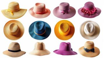Colorful Collection of Stylish Summer Hats Displayed in Various Designs and Styles for Women. photo