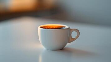 Elegant White Coffee Cup Filled With Warm Brown Beverage Against Plain Background. photo