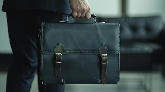 Business Professional Carrying a Black Briefcase While Walking in a Modern Office Environment. photo