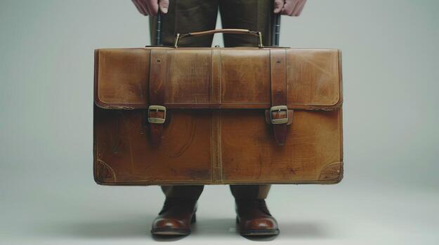 Man Holding Vintage Brown Leather Briefcase While Standing on Solid Ground in Neutral Light. photo