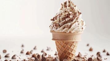 Delicious Soft Serve Ice Cream Swirled Atop a Crunchy Cone With Chocolate Drizzle. photo
