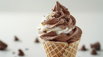 Indulgent Chocolate Swirl Soft Serve Ice Cream Cone Enjoyed on a Warm Summer Afternoon. photo