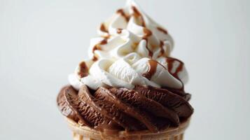 Decadent Chocolate Soft Serve Cone Topped With Whipped Cream and Chocolate Drizzle on a Summer Afternoon. photo