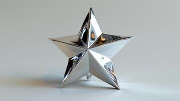 Shiny Metallic Five-Pointed Star Sculpture Displayed Against Neutral Background Brightly Lit for Artistic Effect. photo