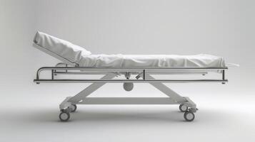 Adjustable Hospital Bed Stretched Out on White Background Ready for Patient Use. photo