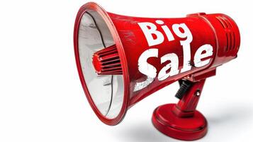 Vibrant Red Megaphone Announcing Exciting Big Sale at Local Market During Busy Weekend Afternoon. photo