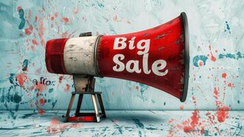 Bright Red Megaphone Announcing Big Sale Event Outdoors During Daytime. photo