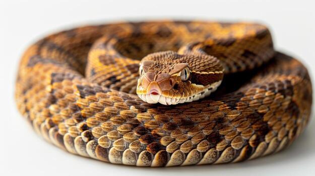 Detailed Close-Up Of A Colorful Rattlesnake Coiled On A Clean White Surface During The Day. photo