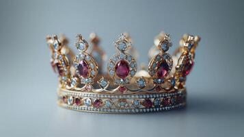 Intricately Designed Crown Adorned With Colorful Gemstones on a Simple Background. photo