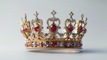 Elegant Gold and Gemstone Crown Displayed on White Background for Royalty and Special Occasions. photo