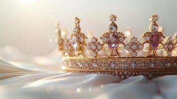 A Beautifully Crafted Gold Crown Adorned With Gems and Sparkling Diamonds on a White Background. photo