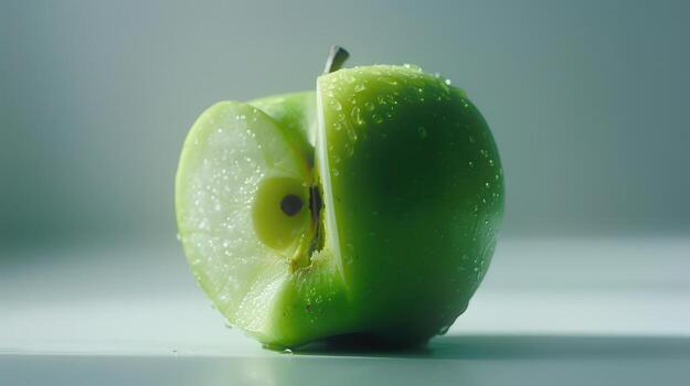 Freshly Sliced Green Apple With Water Droplets on White Background. photo