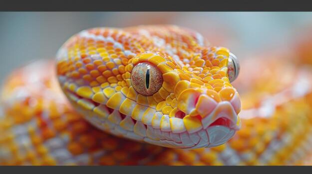 Colorful Albino Ball Python Relaxing on White Background in Natural Habitat. photo