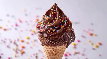 Delicious Chocolate Ice Cream Cone Topped With Colorful Sprinkles Served In A Waffle Cone. photo
