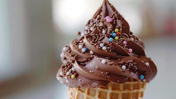 Delicious Chocolate Soft Serve Ice Cream Cone With Colorful Sprinkles on a Sunny Day. photo