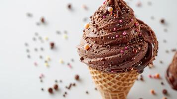 Delicious Chocolate Soft Serve Ice Cream Cone With Colorful Sprinkles Against White Background. photo
