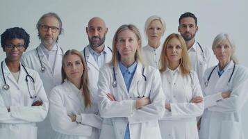 Diverse Group of Medical Professionals in Lab Coats Standing Confidently With Stethoscopes in Modern Clinic Environment. photo