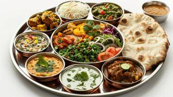 Traditional Indian Thali Filled With Various Dishes Served On A Metal Platter At A Family Gathering During Dinner Time. photo
