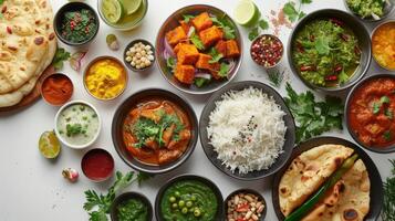 Colorful Array of Authentic Indian Dishes Served on a White Tablecloth Including Rice and Naan at a Festive Gathering. photo