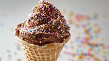 Delicious Chocolate Soft Serve Ice Cream Cone Topped With Colorful Sprinkles Enjoyed on a Warm Summer Day. photo