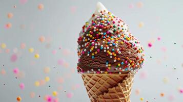 Delightful Ice Cream Cone Topped With Whipped Cream and Colorful Sprinkles Served in a Waffle Cone. photo
