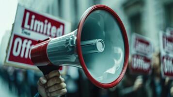 Person Holding A Loudspeaker In An Urban Environment During A Daytime Protest Gathering. photo