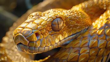 Golden-Bodied Snake Coiled on a Branch in a Lush Rainforest During Daytime. photo