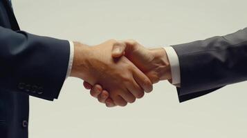 Two Business Professionals Engaging in a Firm Handshake During a Meeting in a Bright Office Setting. photo