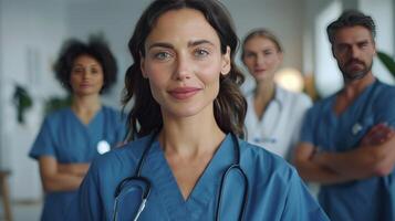 Compassionate Healthcare Professional Smiling Confidently in Scrubs During Daytime. photo