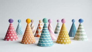 Colorful Paper Party Hats Grouped Together in Quirky Arrangement for Celebration. photo