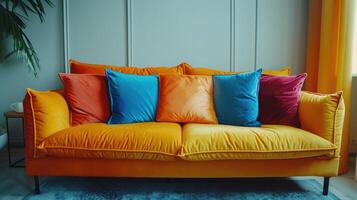 Vibrant Orange Sofa With Colorful Cushions Inviting Comfort In Modern Living Space. photo