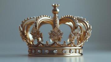 A Majestic Golden Crown Adorned With Sparkling Gems Displayed on a Soft White Surface. photo