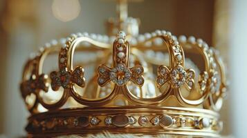 Exquisite Golden Crown Adorned With Pearls and Jewels Captured in Bright Light During Regal Display. photo
