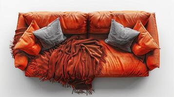 Cozy Autumn Living Room With Warm Tones and Soft Textiles Set Against a Neutral Background. photo