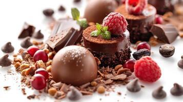 Indulging In Decadent Chocolate Treats With Fresh Raspberries at a Gourmet Dessert Table. photo