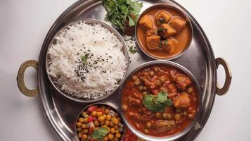A Colorful Plate of Traditional Indian Cuisine Featuring Rice and Curry Delights From a Local Eatery. photo