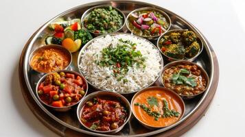 A Vibrant Indian Cuisine Platter Featuring Colorful Curries, Rice, and Vegetables Served for a Festive Family Gathering. photo