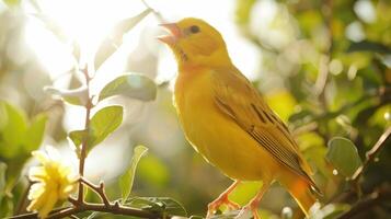 Bright Yellow Canary Singing Cheerfully Against a White Background in Morning Light. photo