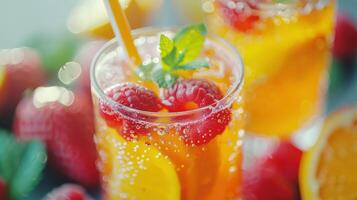Refreshing Citrus Beverage Garnished With Fresh Raspberries and Mint in Bright Summer Light. photo