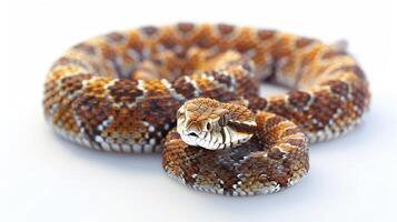 Beautifully Patterned Snake Curled Up on a Clean White Background Showcasing Its Intricate Scales and Calm Presence. photo
