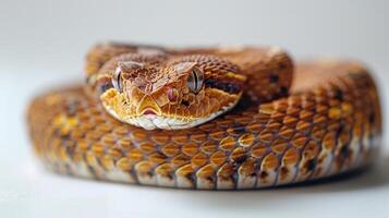 Captivating Close-Up of a Vibrant Coiled Snake Resting on Soft Ground During a Warm Afternoon in a Tropical Habitat. photo