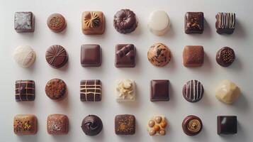 A Colorful Array of Gourmet Chocolates Harmonizing in Artistic Arrangement on a Rustic Wooden Surface. photo