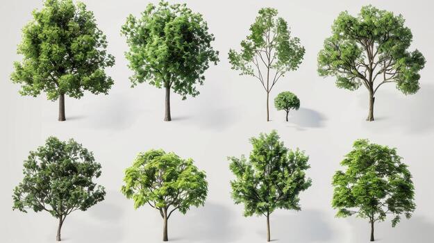 Diverse Array of Lush Green Trees in Various Shapes and Sizes Against a White Background. photo