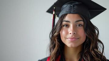 Young Woman Wearing Graduation Cap and Gown Smiling in Studio Setting During Commencement Ceremony. photo