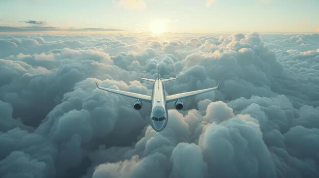majestuoso aeronave se eleva encima el nubes durante dorado amanecer terminado sereno cielo. foto
