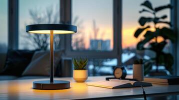 Contemporary Table Lamp Illuminates Minimalist Workspace During Late Evening Hours in Cozy Environment. photo
