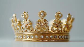 Glistening Golden Crown Adorned With Sparkling Gems Displayed Elegantly Against A Neutral Background. photo